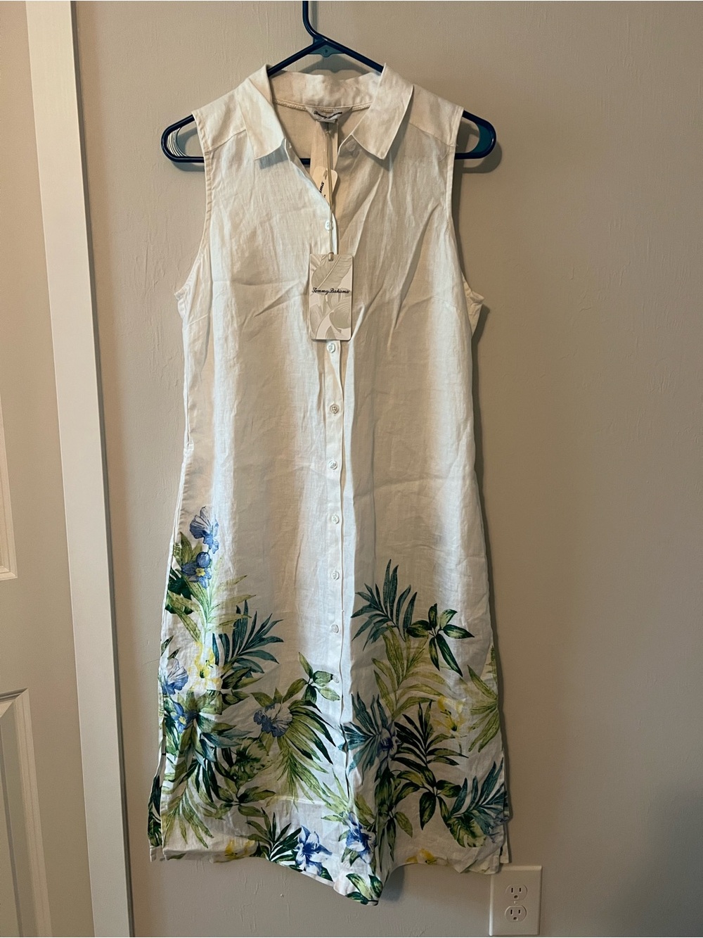 Tommy Hilfiger White Sleeveless Linen Shirt Dress with Green and Blue Floral Hem